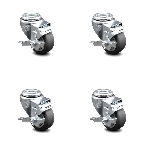 3.5 Inch Thermoplastic Rubber Wheel Swivel Bolt Hole Caster Set with Brake SCC